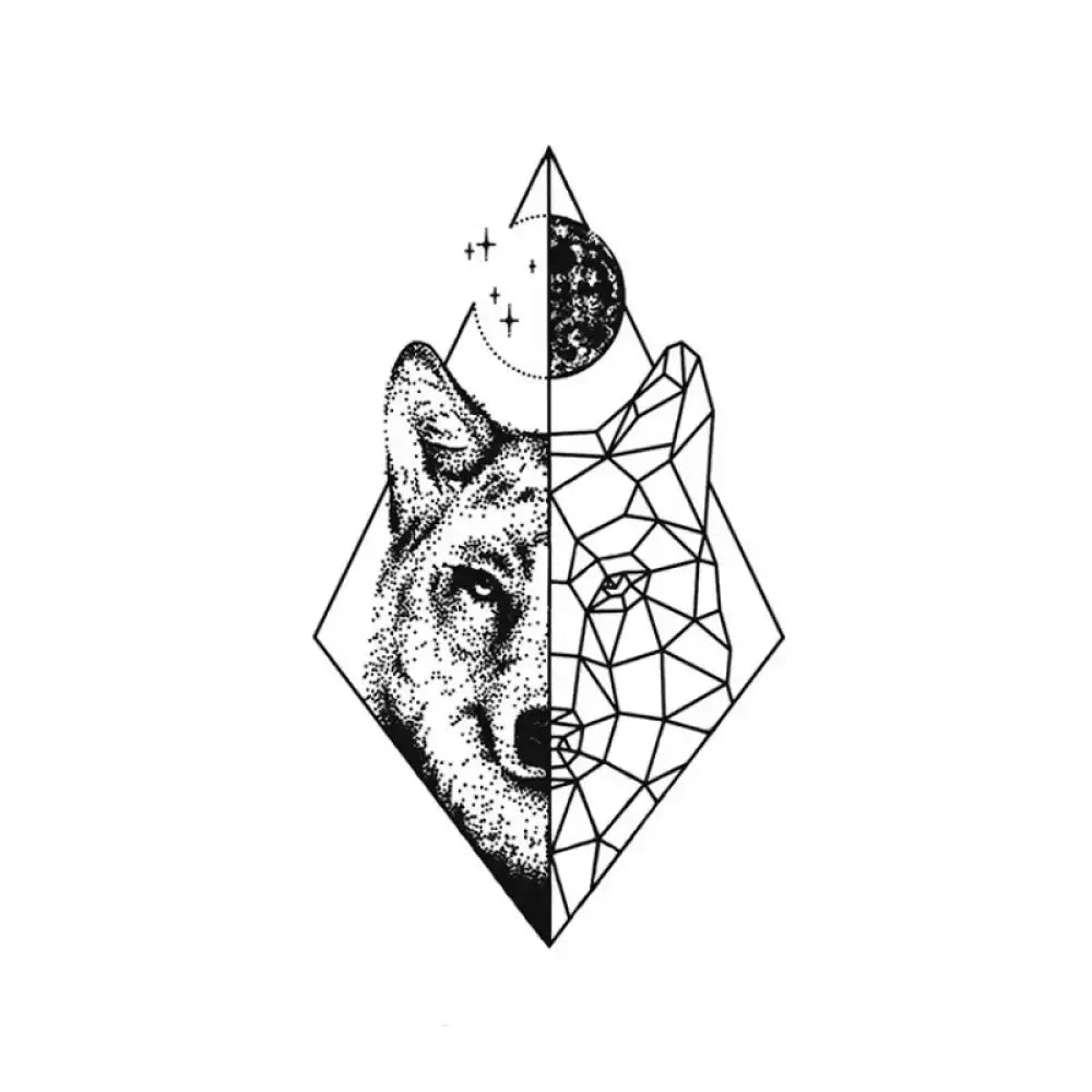 Geometric Wolf Split: Stylized wolf head tattoo sticker in diamond frame with moons