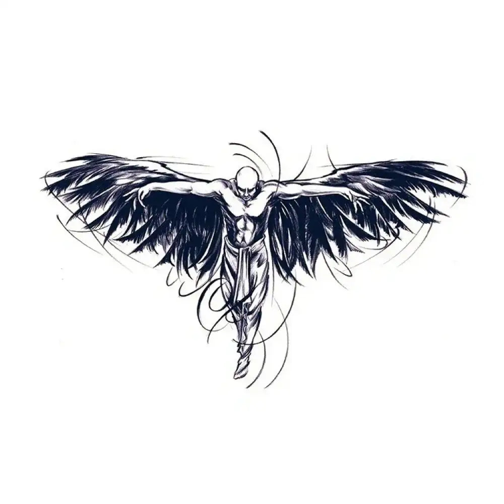 Monochrome guardian angel tattoo sticker of muscular bald figure with wings