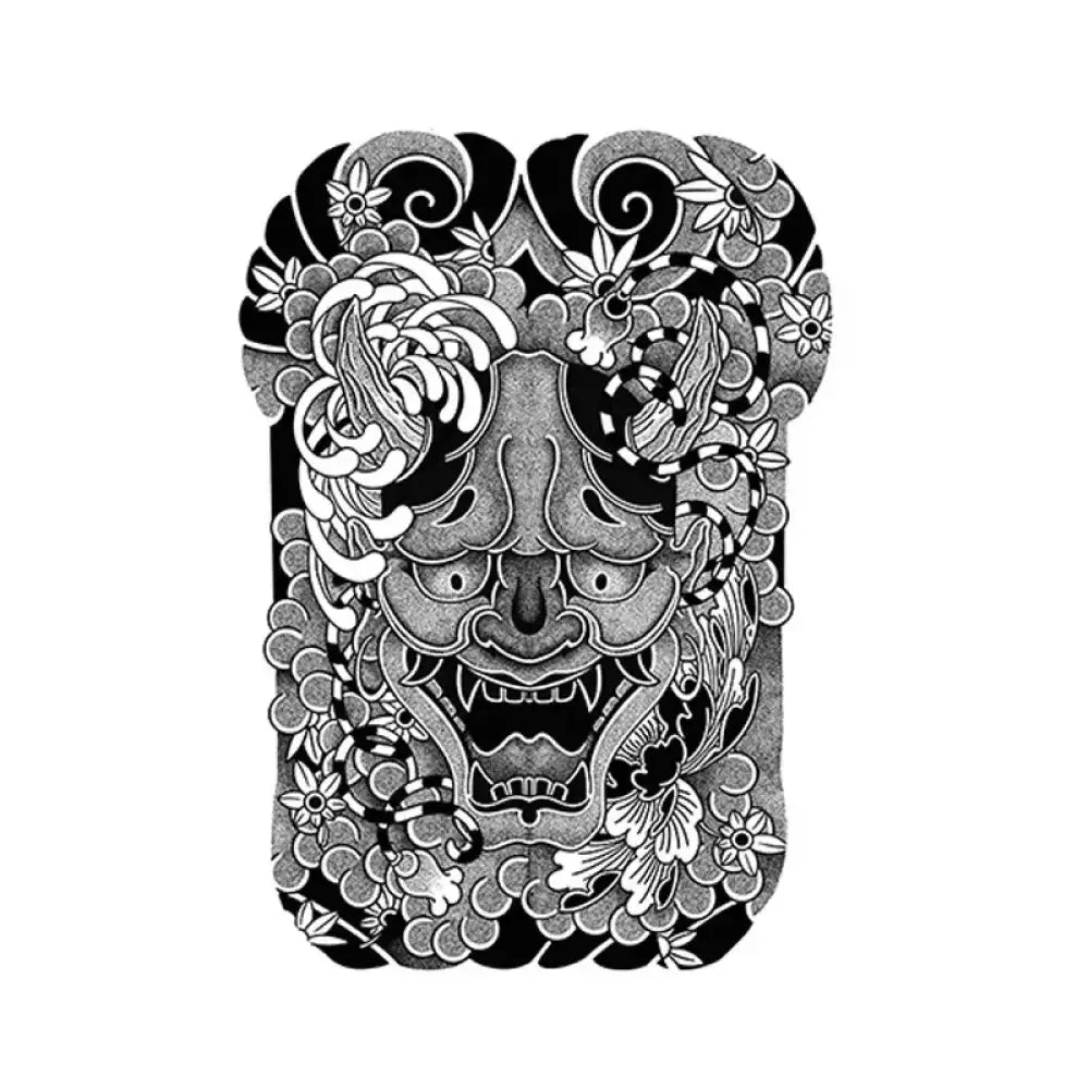 Black and white Hannya mask tattoo design with flowers and snakes