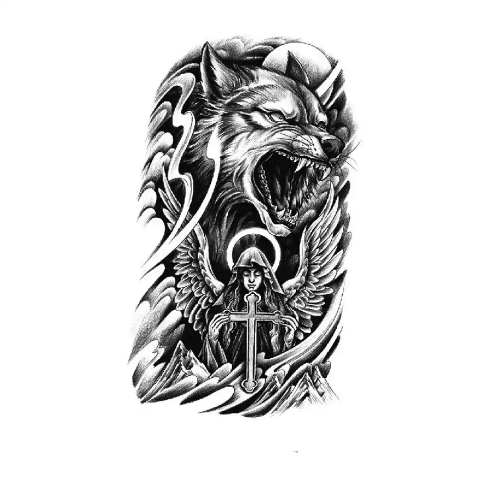 Intricate black-and-white holy howl tattoo sleeve with roaring wolf atop angel holding cross