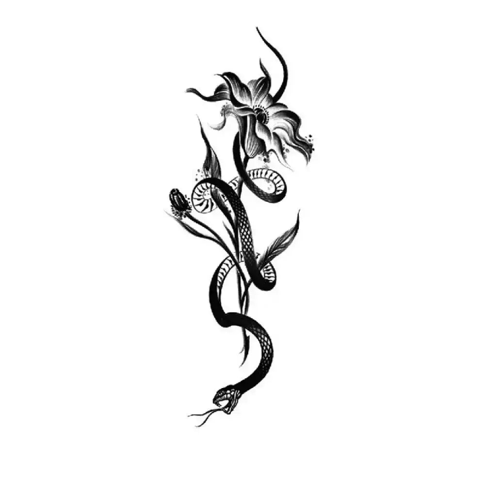 Black and white ink blooming coil snake tattoo sticker with flower and bud