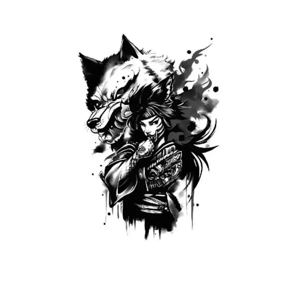 Black and white ink muse illustration of snarling wolf woman with fox ears, small tattoo sticker