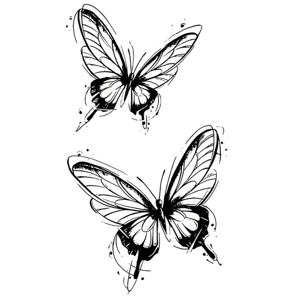 Two sketchy black and white inked butterflies tattoo sticker pair