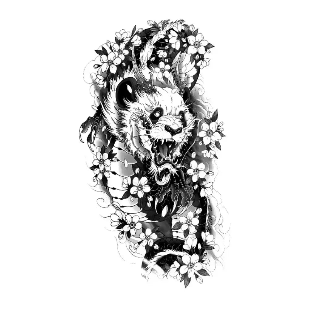 Aggressive black and white Iron Eater Panda tattoo sticker with cherry blossoms