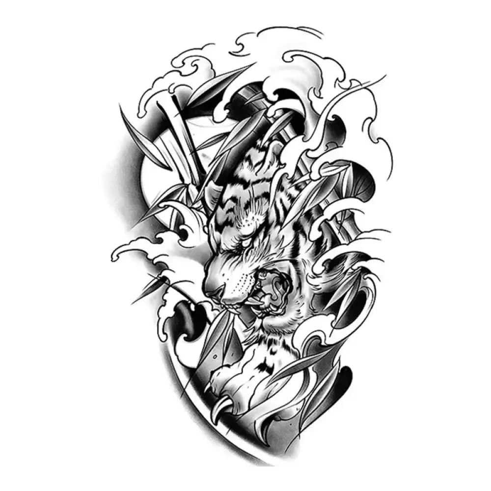 Japanese tiger black and white tattoo sticker with bamboo and waves (XL)