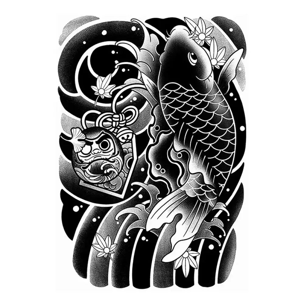 Black and white koi fish small tattoo sticker with Daruma and waves