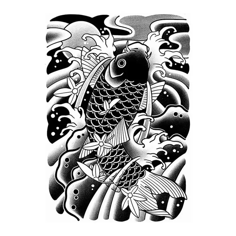 Black and white koi fish ukiyo-e with waves and flowers tattoo sticker