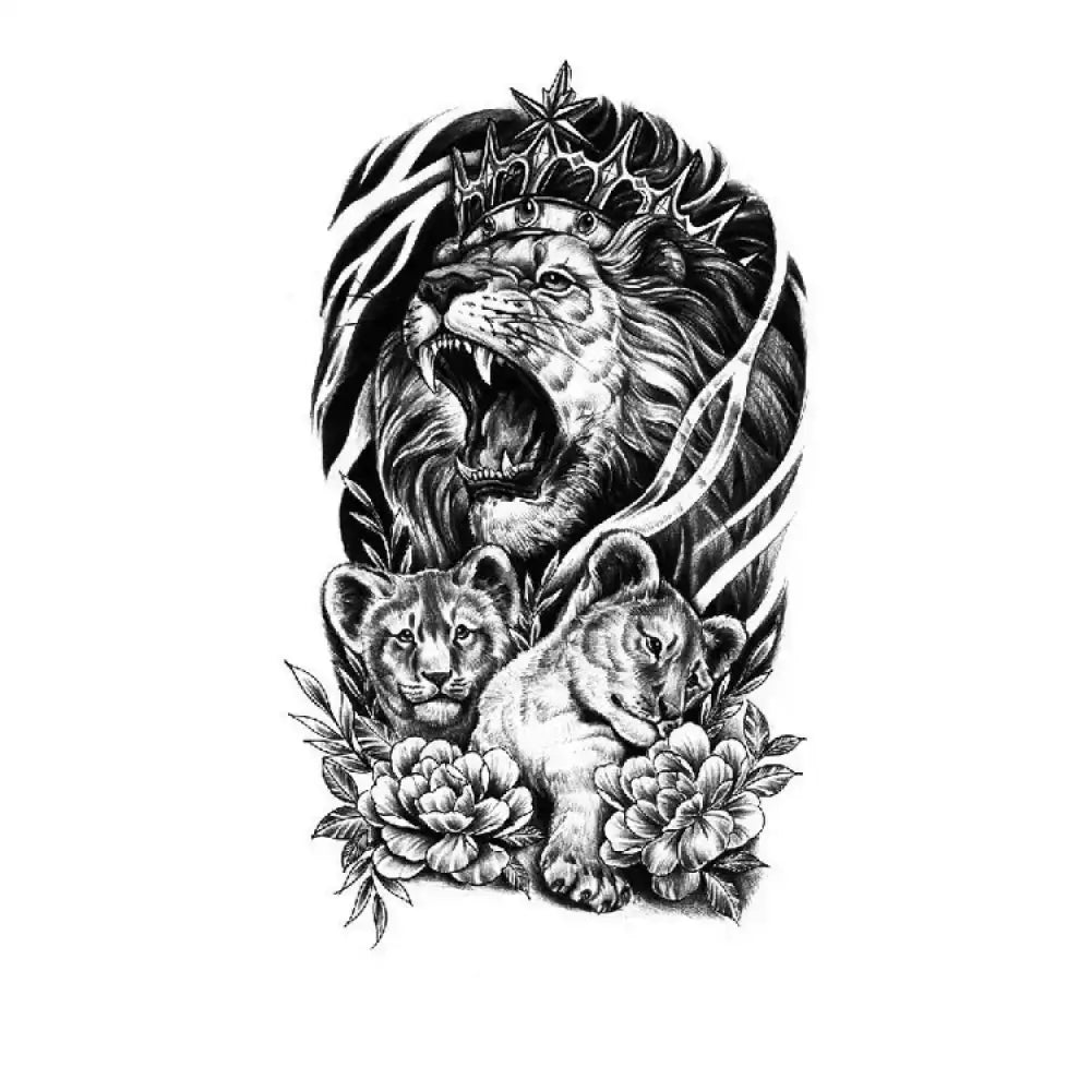 Black and white roaring crowned lion with cubs and peonies tattoo sticker