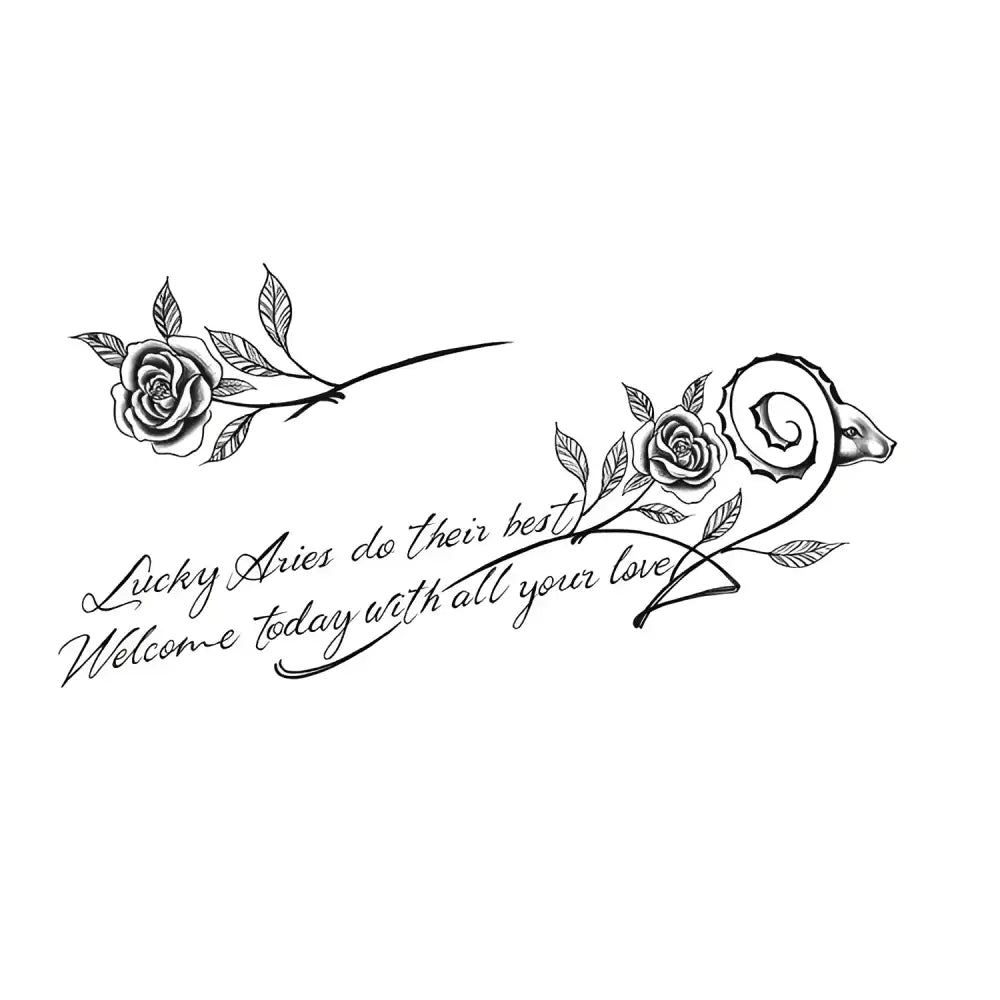 Black and white Lucky Aries tattoo sticker with roses, leaves, ram head