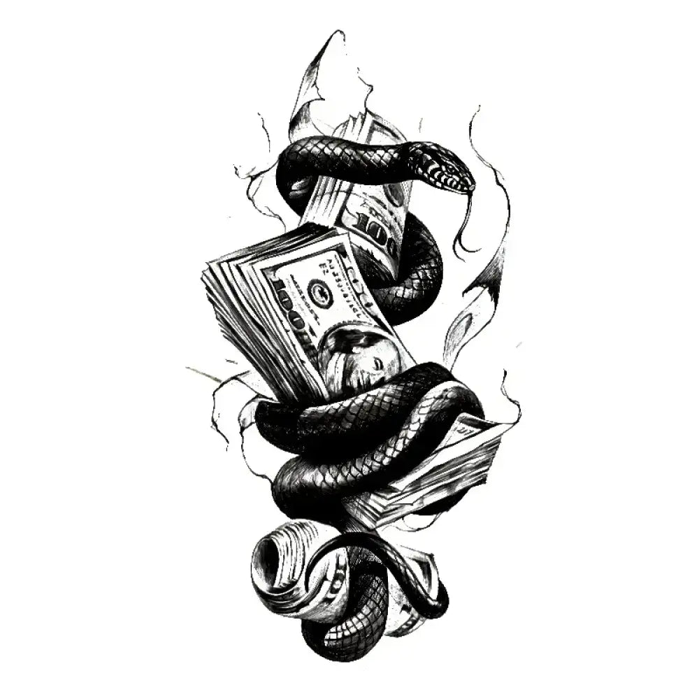 Money Snake tattoo sticker of coiled black snake on dollar bills