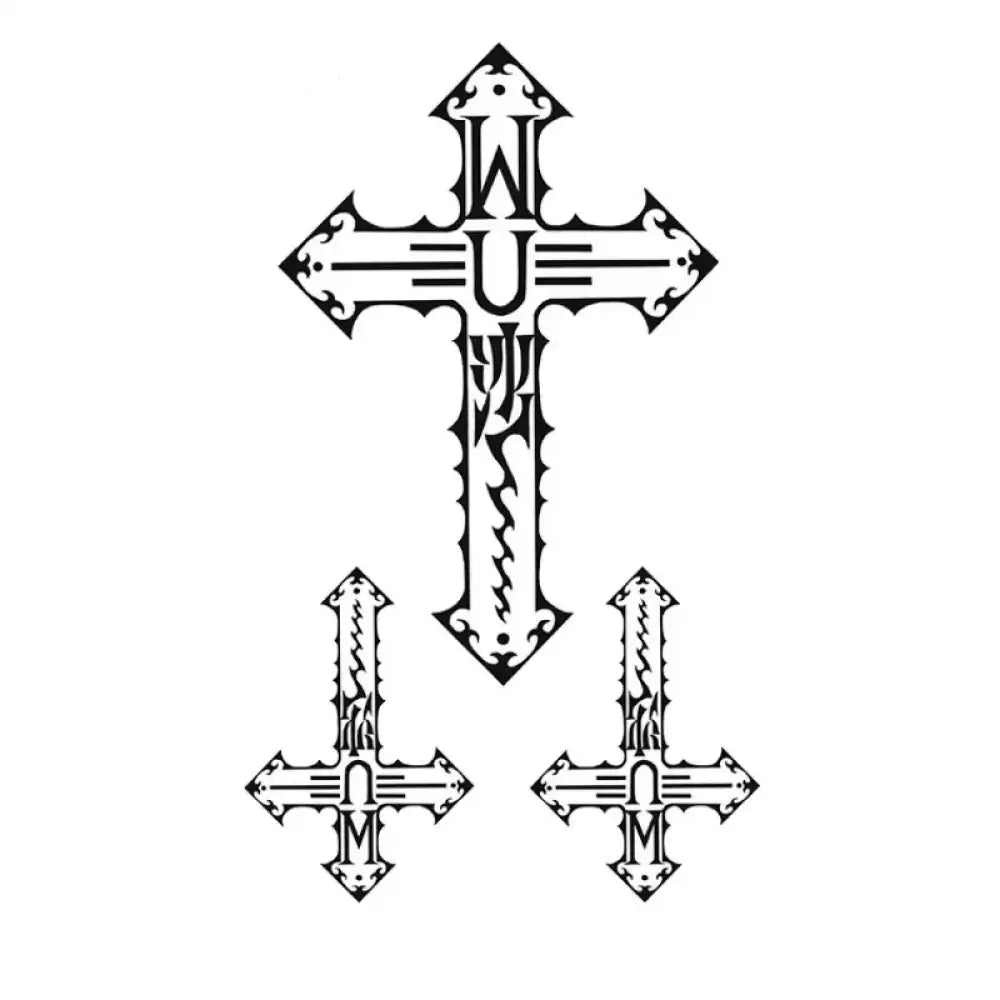 Monogram Cross Trio: three ornate gothic crosses, one upright and two inverted, with stylized letters for tattoo sticker