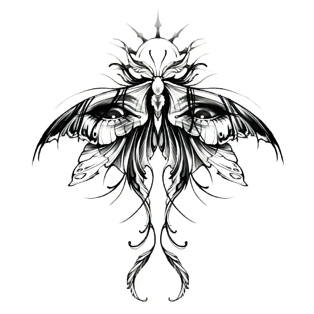 Moss Gaze black and white winged creature with prominent eyes small tattoo sticker