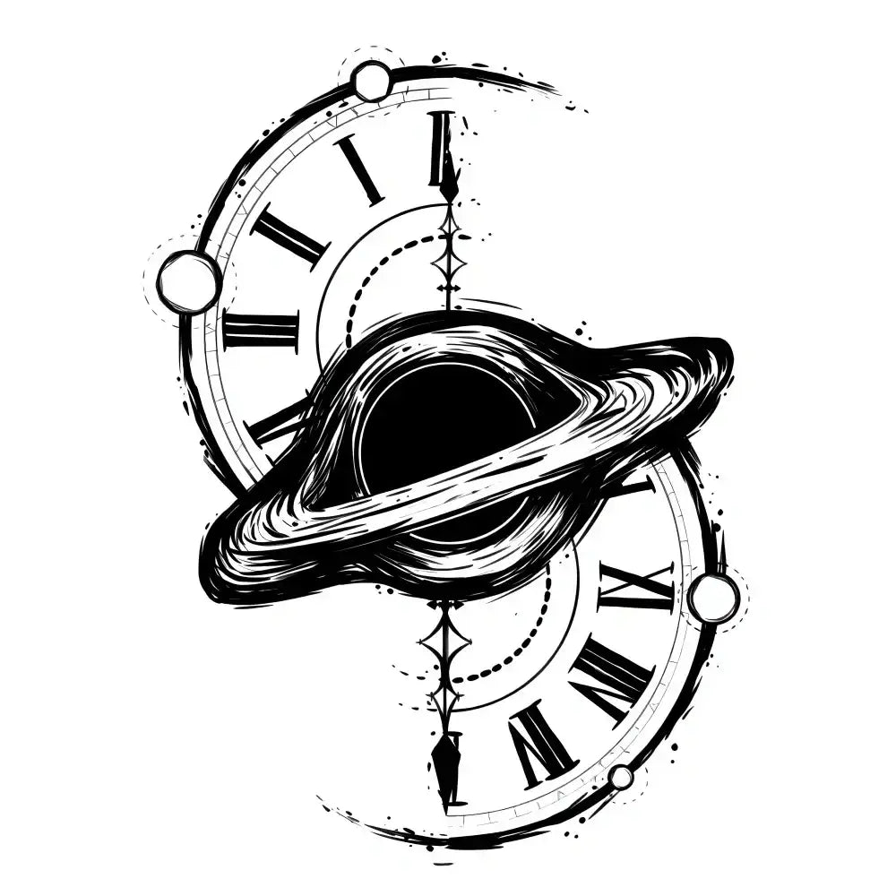 Stylized black hole saturn clock tattoo sticker with accretion disk over Roman numerals