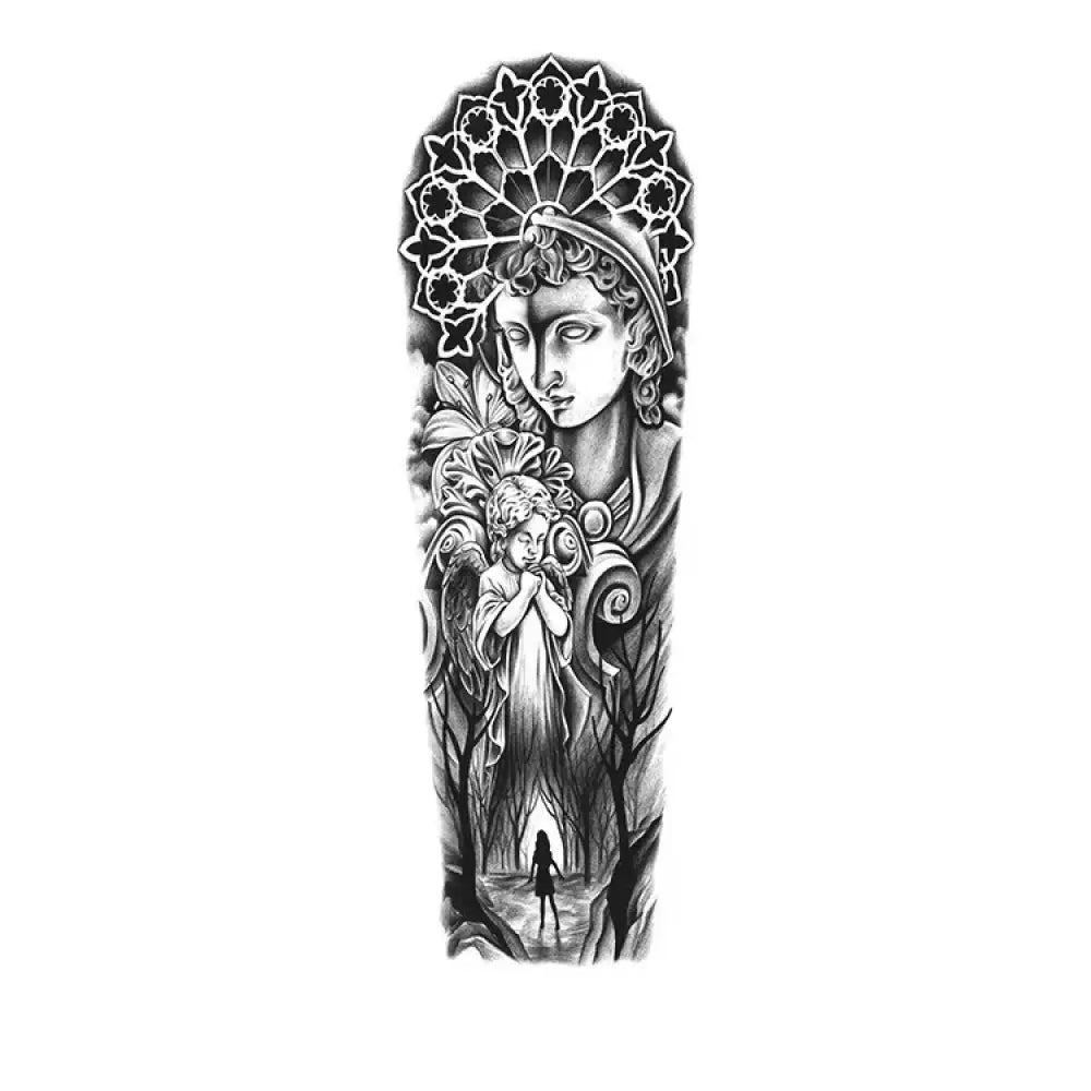 Silent Hymn tattoo sticker: crowned woman, praying angel in forest path