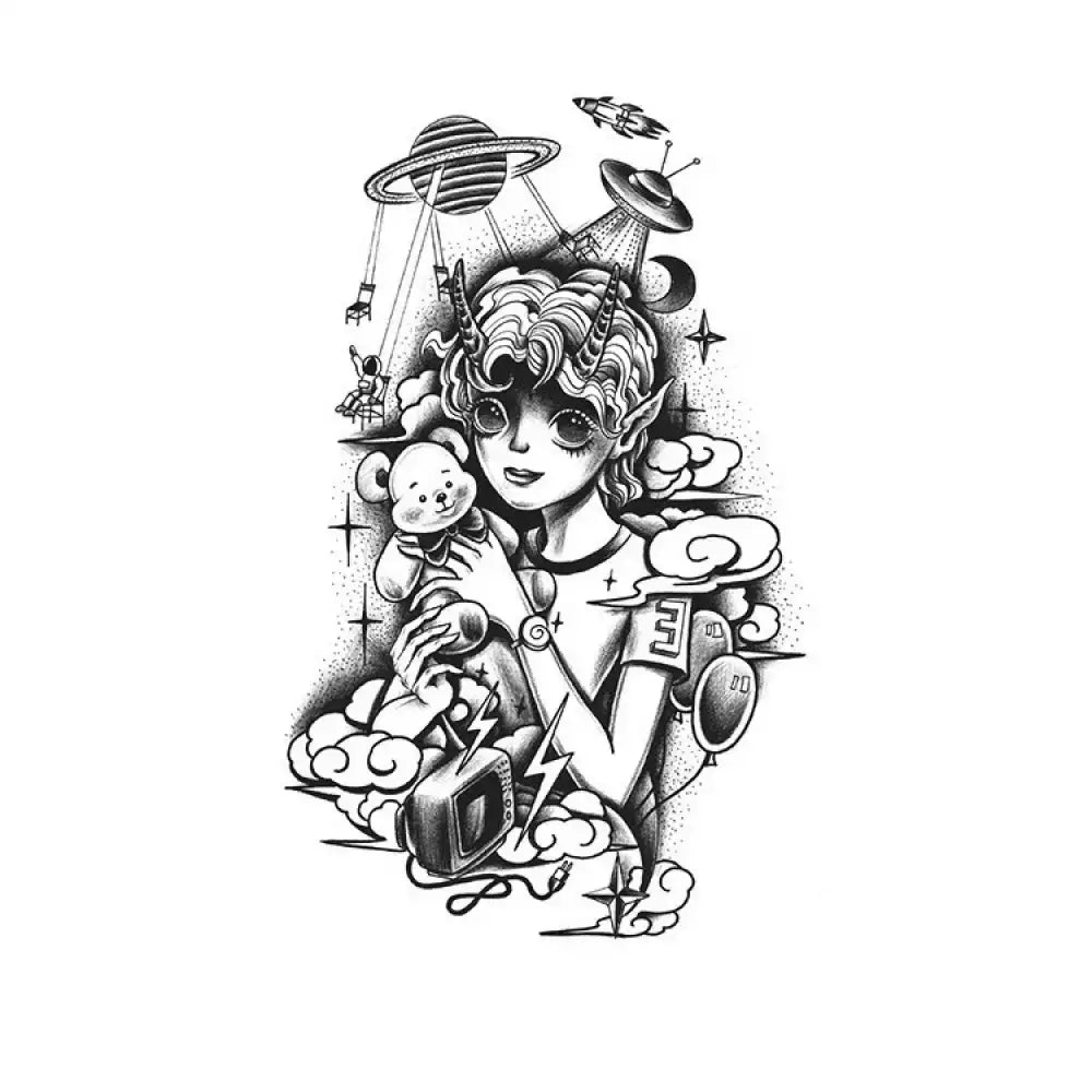 Surreal Space Boy illustration: horned elf-eared child with teddy bear