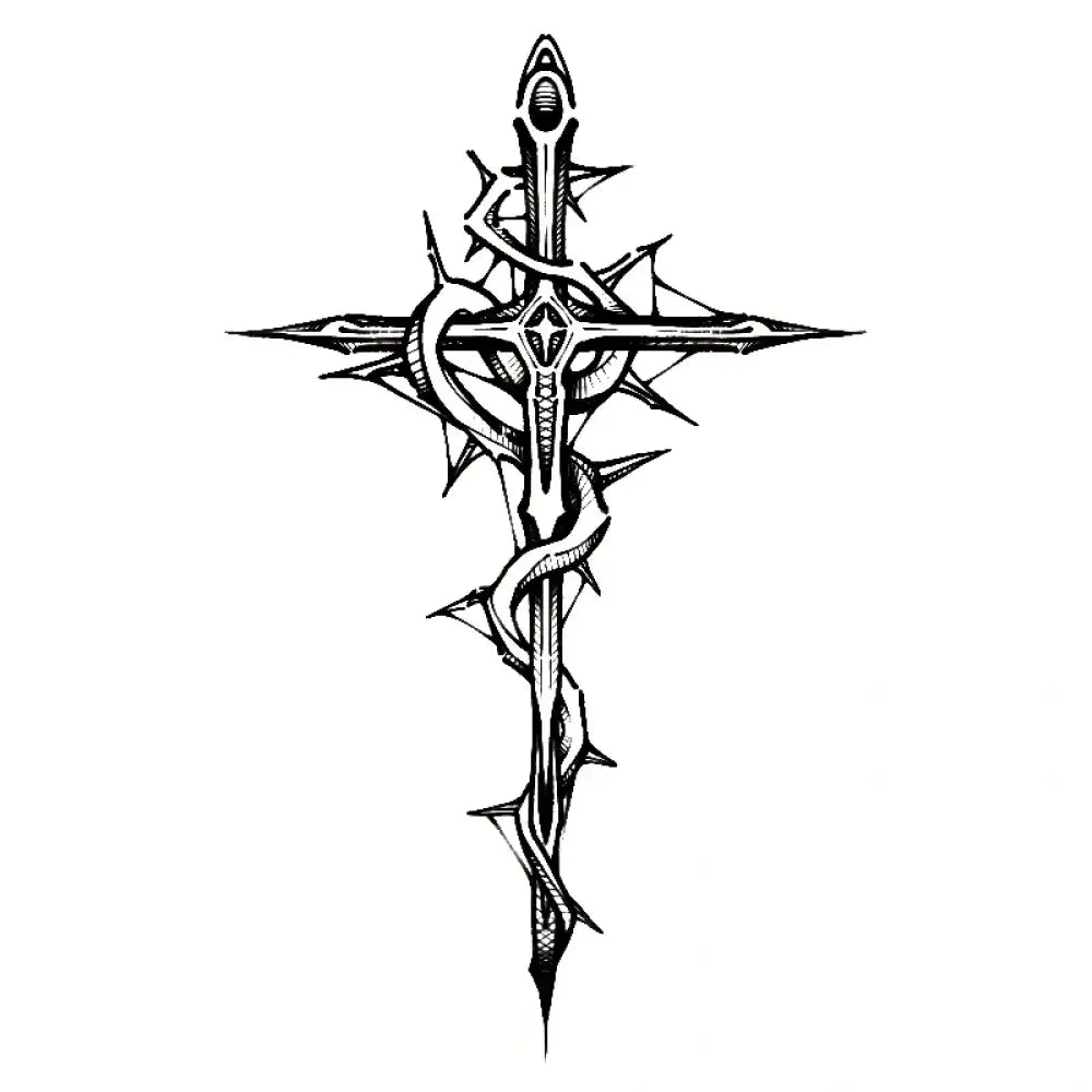 Stylized spiked cross with thorny vines small tattoo sticker