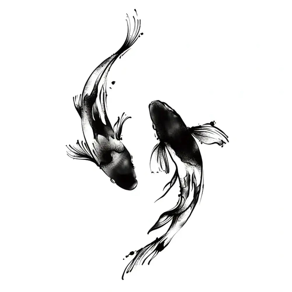 Sumi Koi Duo: Stylized black and white ink wash tattoo sticker of two koi fish