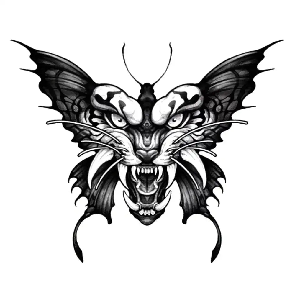 Black and white snarling tiger head tattoo with butterfly wings, Tiger Butterfly small tattoo sticker