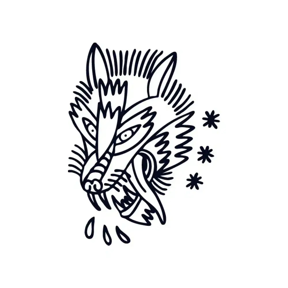 Line art snarling wolf head tattoo sticker with stars and teardrops