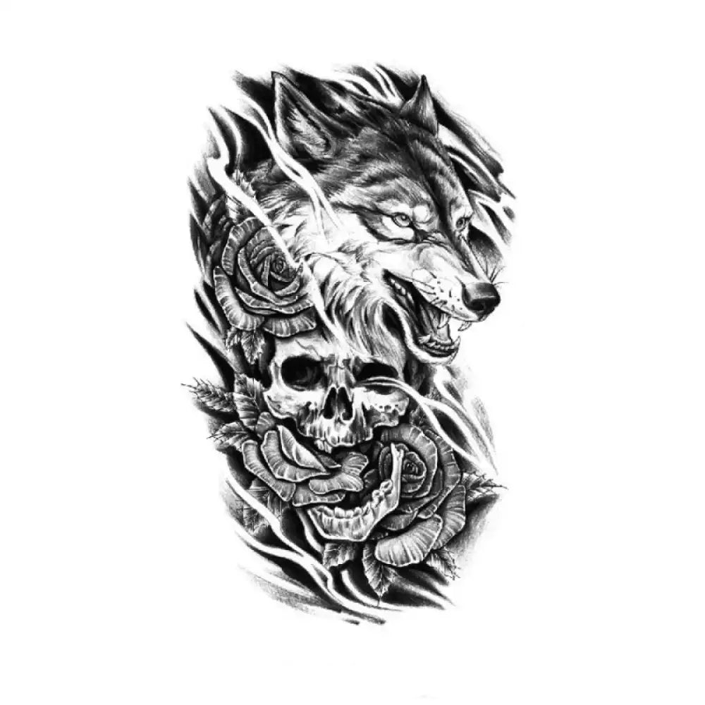 Wolf skull and roses black and white small tattoo sticker design