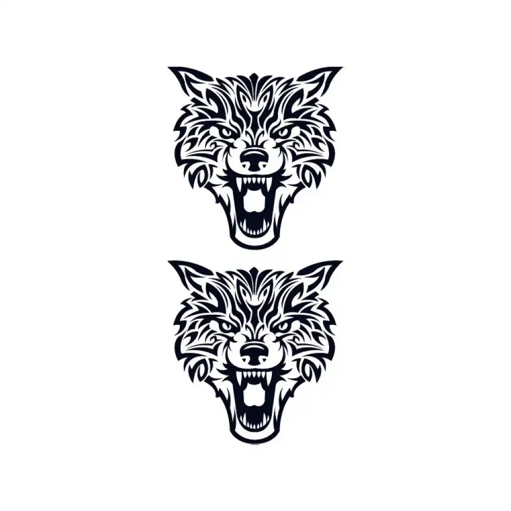 Wolf Totem: Two Identical Tribal Wolf Head Tattoo Stickers with Bared Fangs