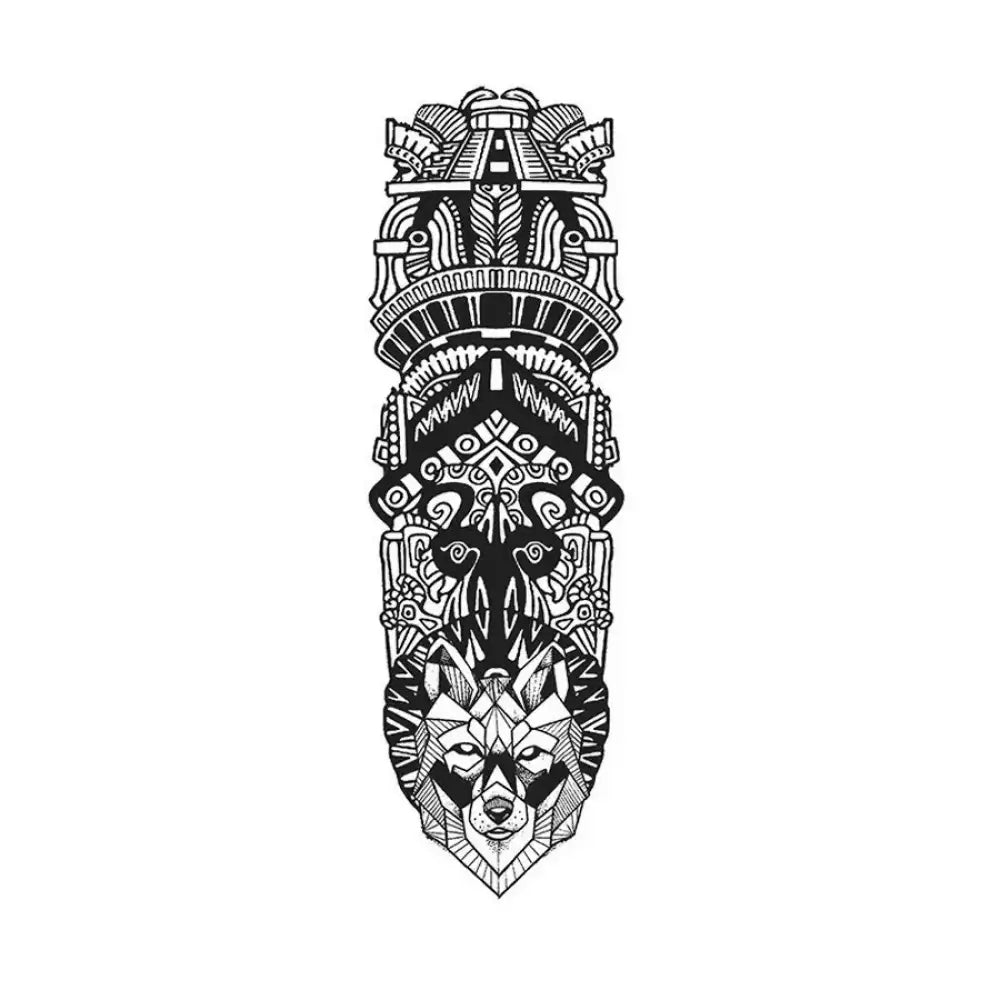 Stylized black and white wolf totem pillar with geometric wolf head