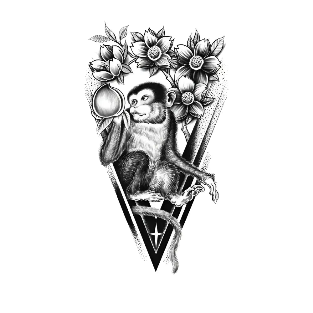 Zodiac Monkey black and white drawing of monkey with peach in triangle