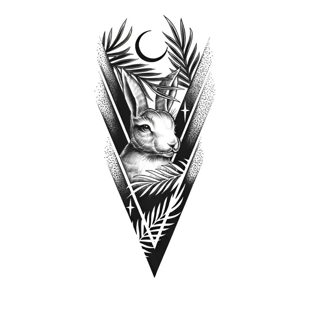 Symmetrical zodiac rabbit tattoo sticker with triangle, fronds, stars, moon