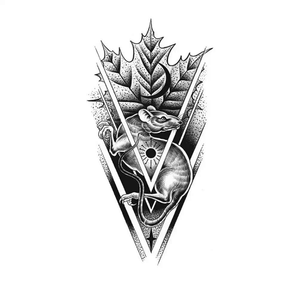 Detailed black and white stippling zodiac rat tattoo sticker with maple leaf and moon