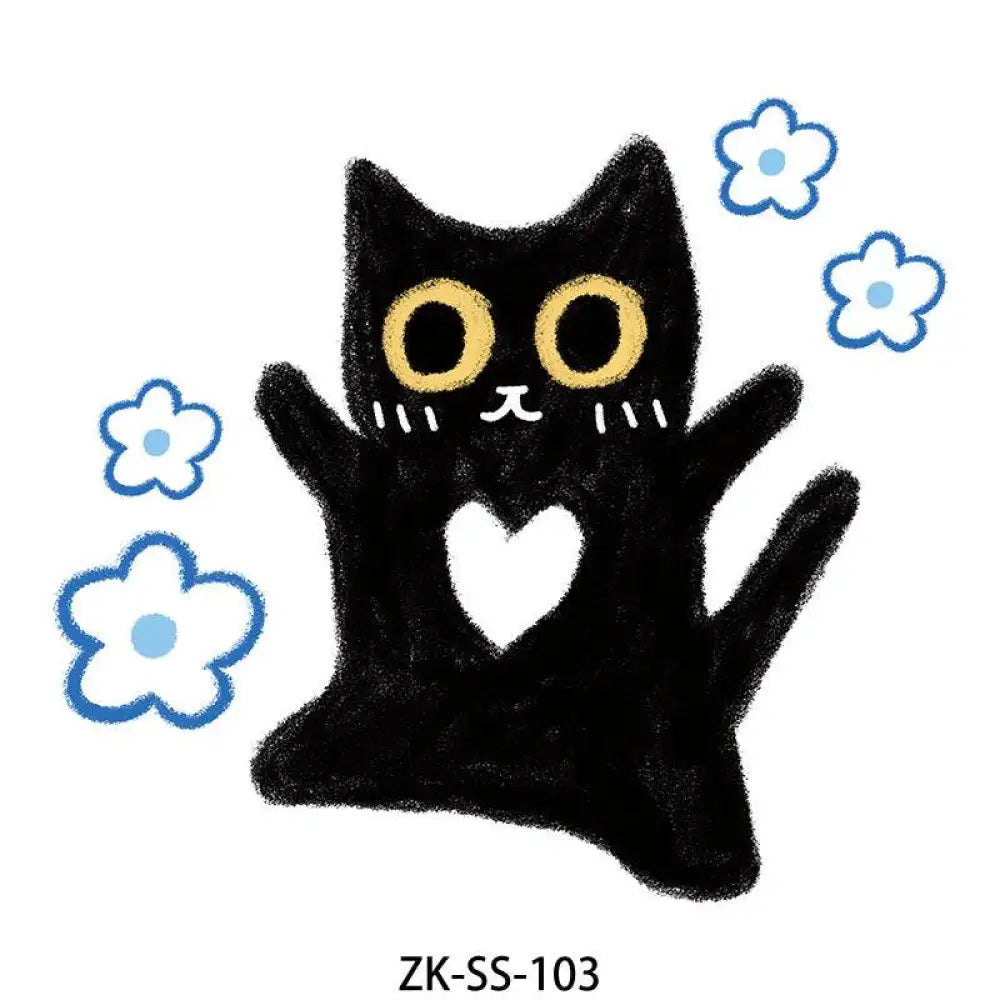 Taupe Floral tattoo sticker featuring a cute black cat with yellow eyes and blue flowers