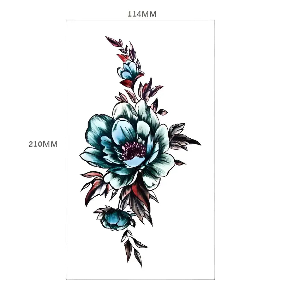 Vibrant blue teal floral temporary tattoo design XQB-10 with red foliage, 11.4x21cm