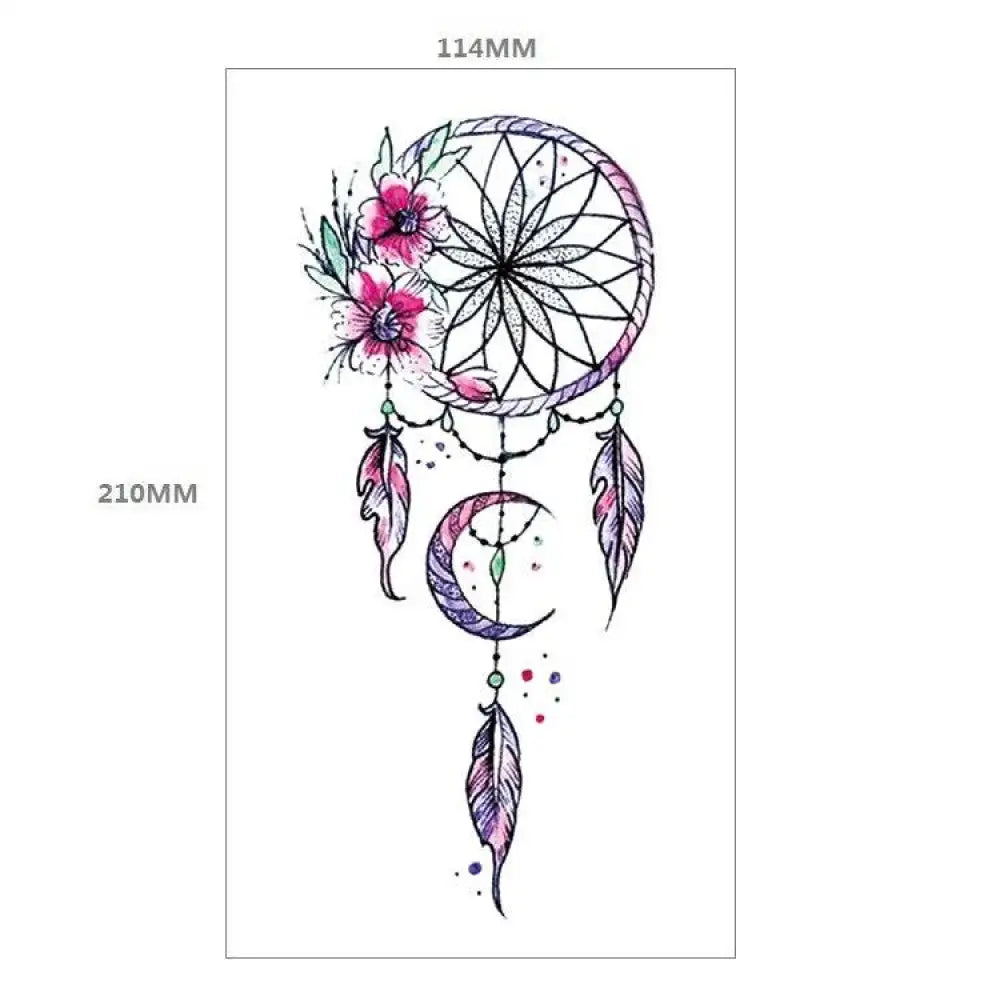 Watercolor dreamcatcher temporary tattoo design with pink flowers and purple feathers