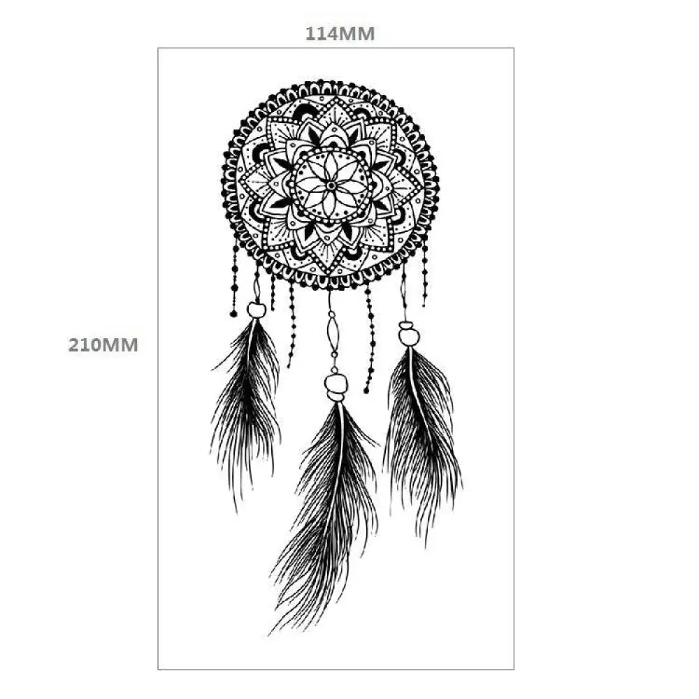 Black and white dream catcher mandala temporary tattoo design with feathered tassels