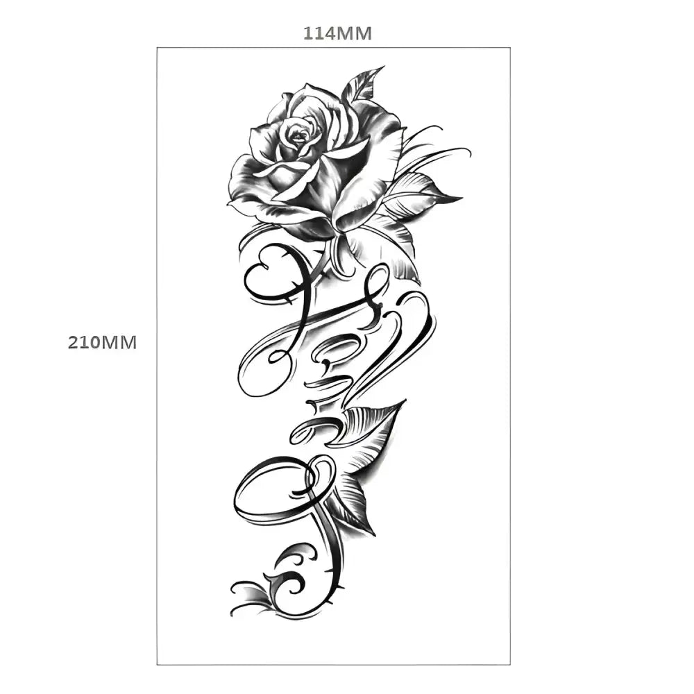 Black and white temporary tattoo design XQB-13: blooming rose and ornate script, 11.4 x 21 cm