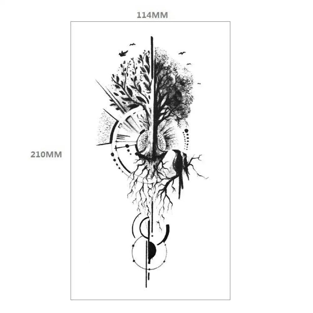 Black and white temporary tattoo sticker of split tree design, 11.4 x 21 cm