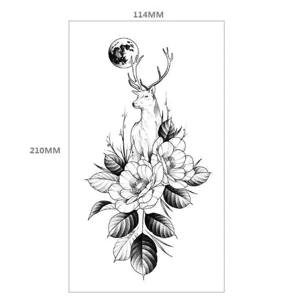 Black and white temporary tattoo design of deer, moon, and floral bouquet