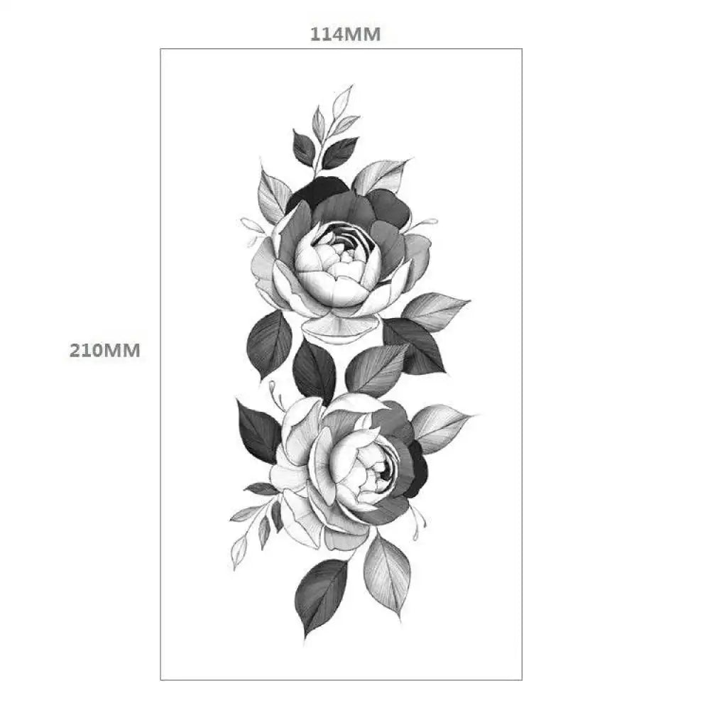 Black and white floral temporary tattoo design with roses and leaves, XQB-17