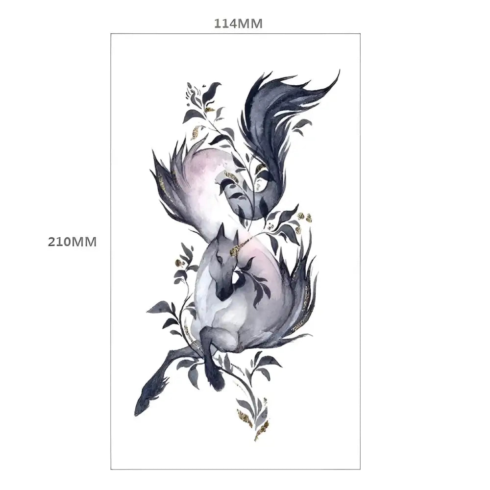Watercolor-style temporary tattoo design of two intertwining horses with botanical elements