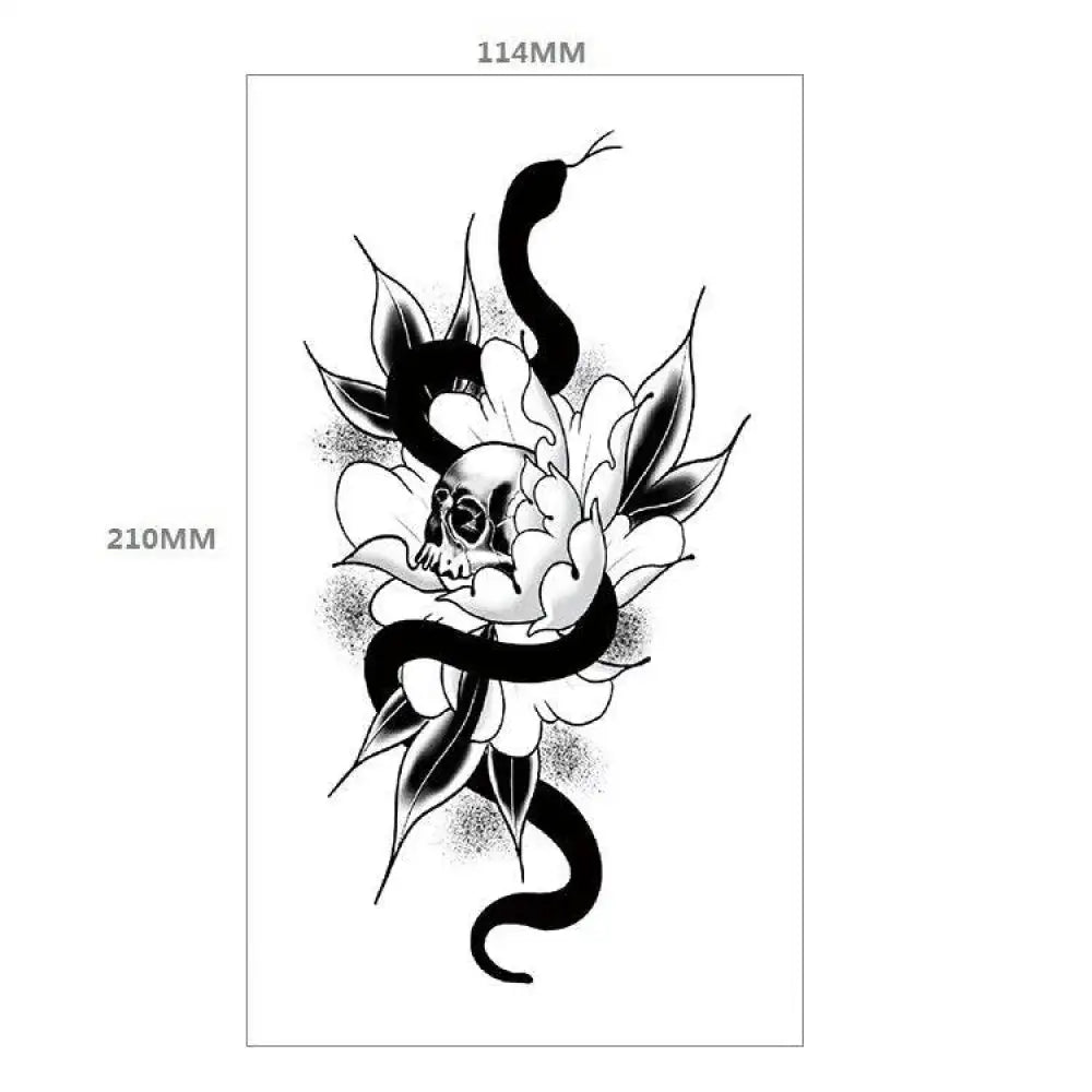 Black snake wrapped around skull and flower temporary tattoo design