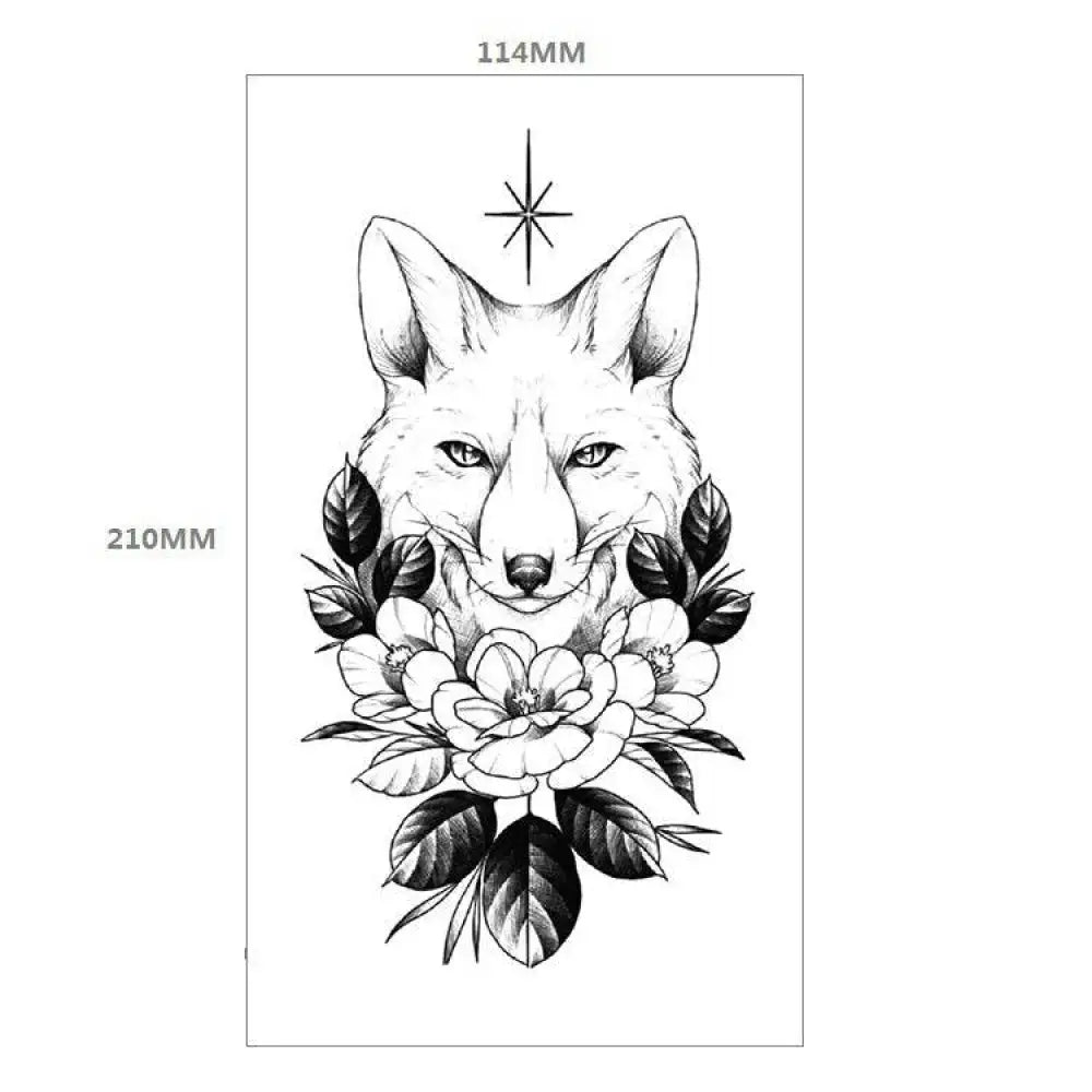Black and white fox head temporary tattoo design with flowers, leaves, and star