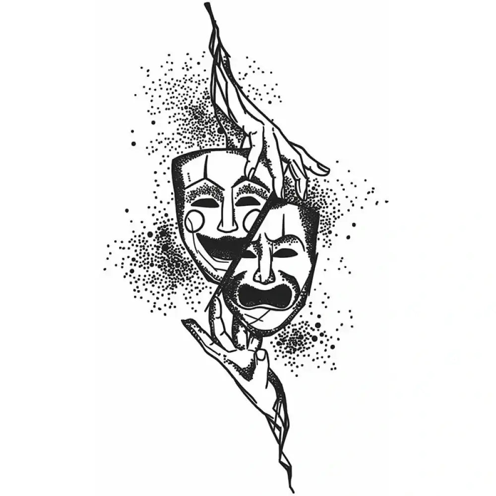 Smiling and frowning theatrical masks in The Mask tattoo sticker design