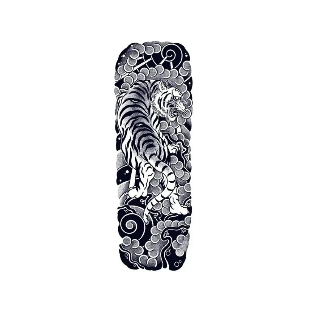 Tiger Ukiyo-e black and white tattoo sticker with swirling clouds