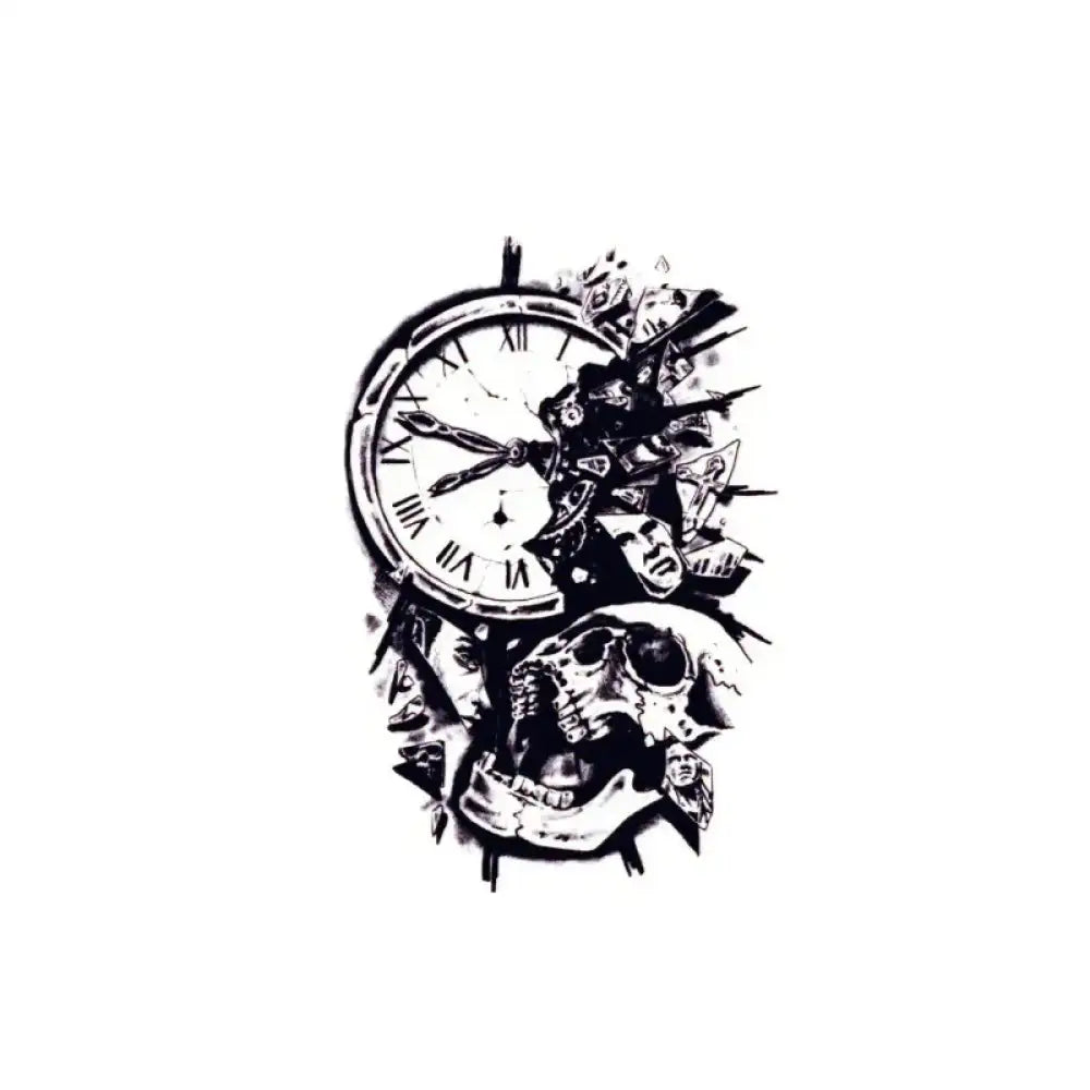 Black and white clock skull small tattoo design for Time is Up sticker