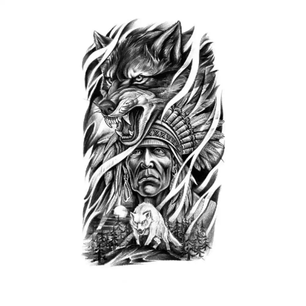 Intricate tribal chief and snarling wolf small tattoo design