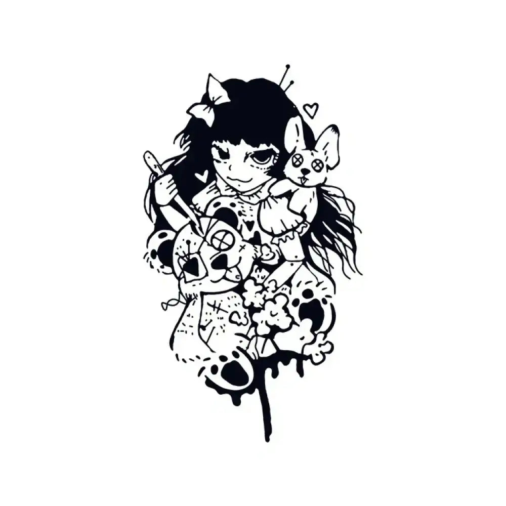 Black-and-white illustration of Tricky Girl doll holding knife with plush toys