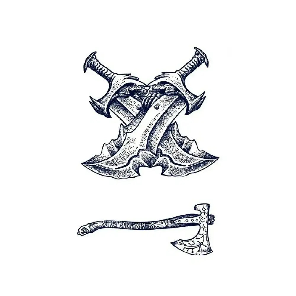 Hand-drawn illustration of crossed swords and a Viking axe tattoo sticker design
