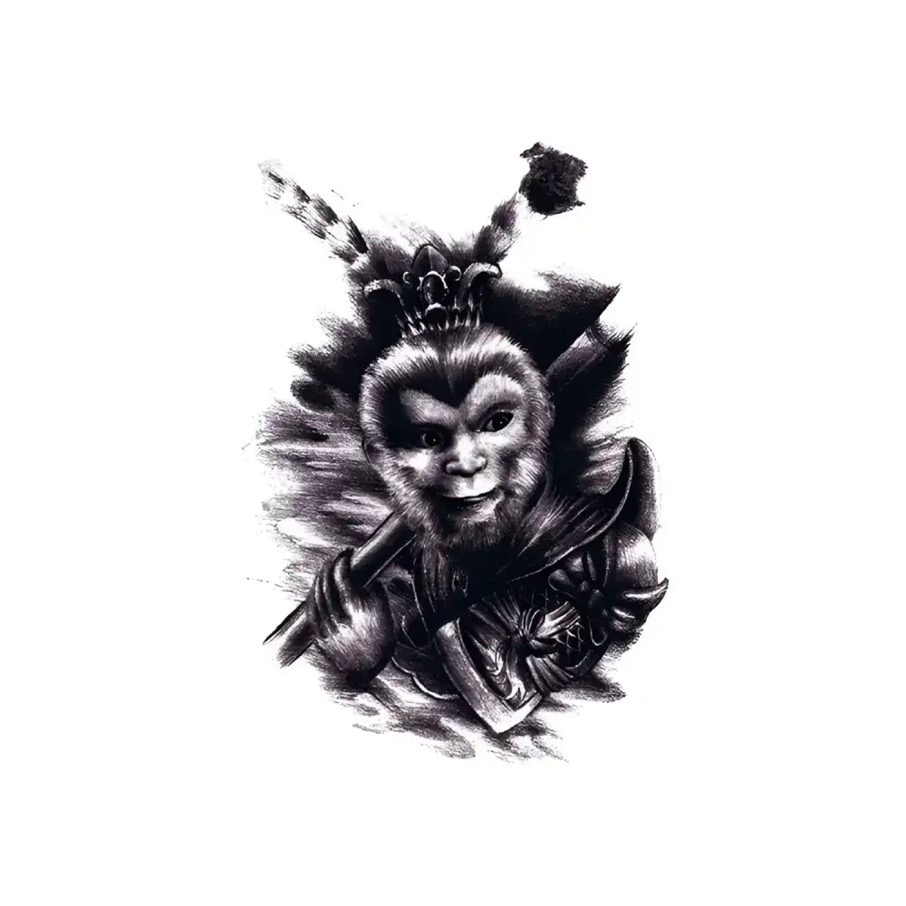 Black and white Sun Wukong sketch tattoo design with crown and staff