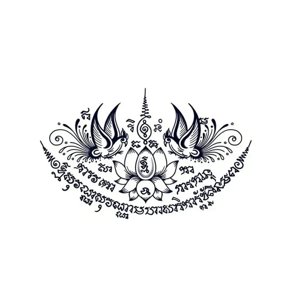 Black and white Yantra tattoo design with swallows, lotus, and sacred script for small tattoo or tattoo sticker