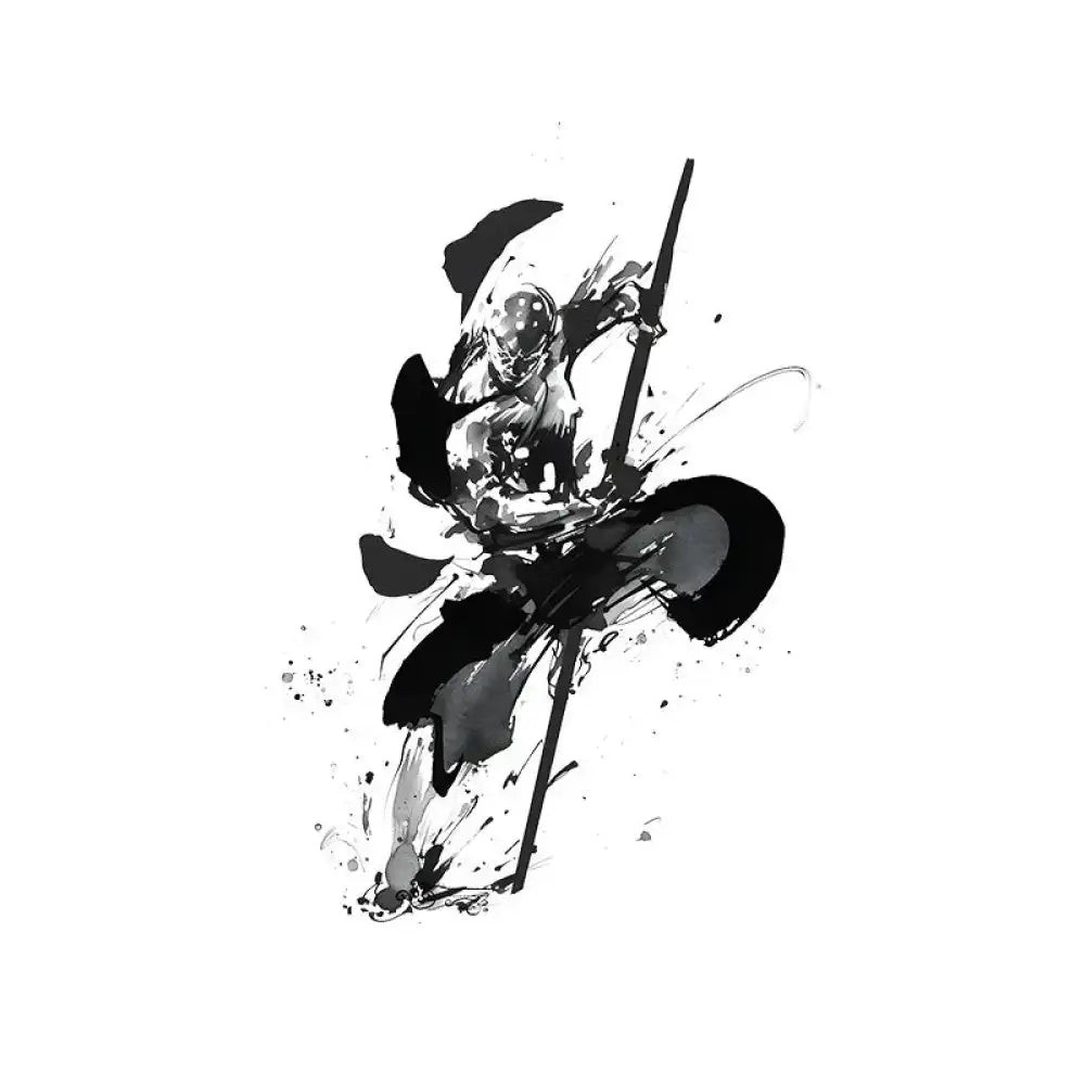 Black and white ink wash Shaolin Monk warrior tattoo sticker featuring a staff illustration