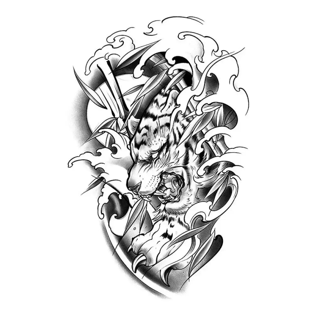 Black and white Japanese Tiger tattoo sticker featuring an aggressive tiger head and waves